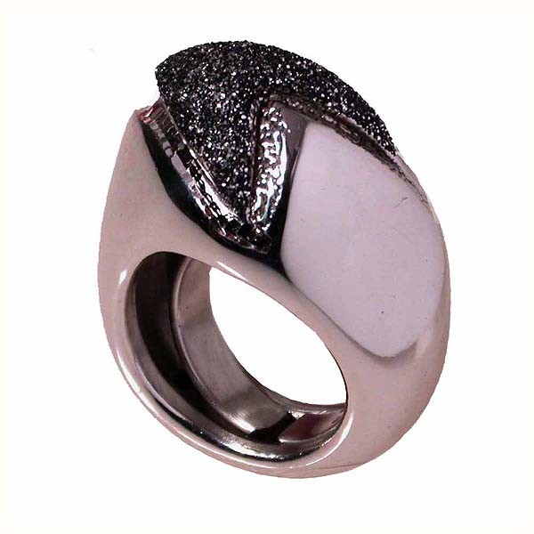 Ring in rhodium-plated silver with black glitter enamel