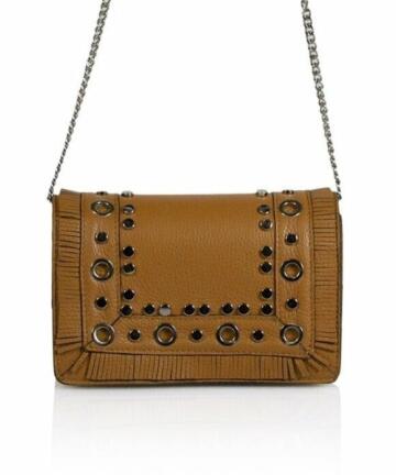 Armina Leather Shoulder Bag with Studs and Eyelets - COGNAC