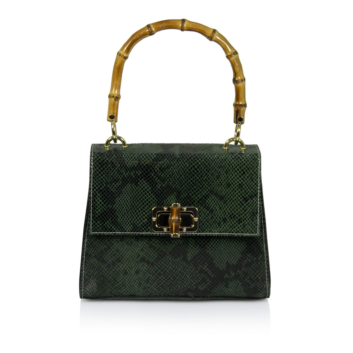 Honorata Snake Skin Print and Bamboo Handle Handbag - GREEN