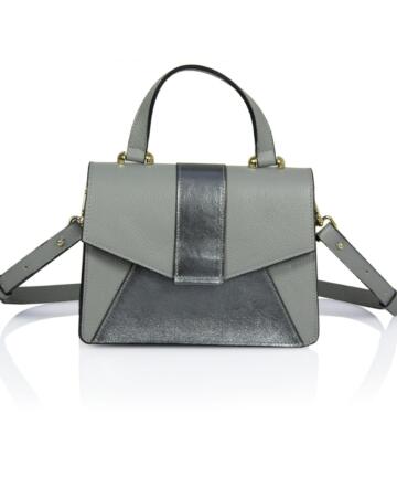 Bruna Leather Shoulder Bag  with Metallic Leather Parts - GREY