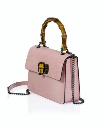 Felicia Croco-embossed Leather and Bamboo Handle Handbag - BABY PINK