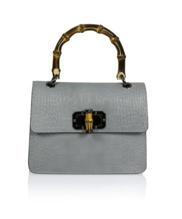 Felicia Croco-embossed Leather and Bamboo Handle Handbag - GREY