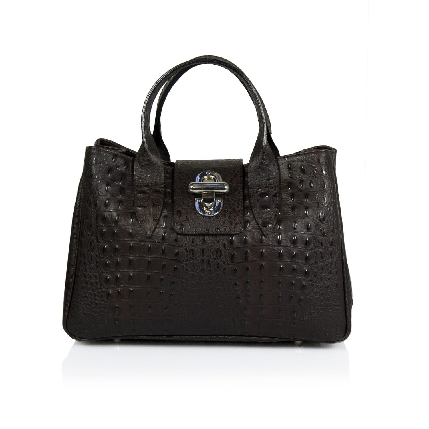 Massima Croc-embossed Genuine  Leather Handbag - DARK BROWN