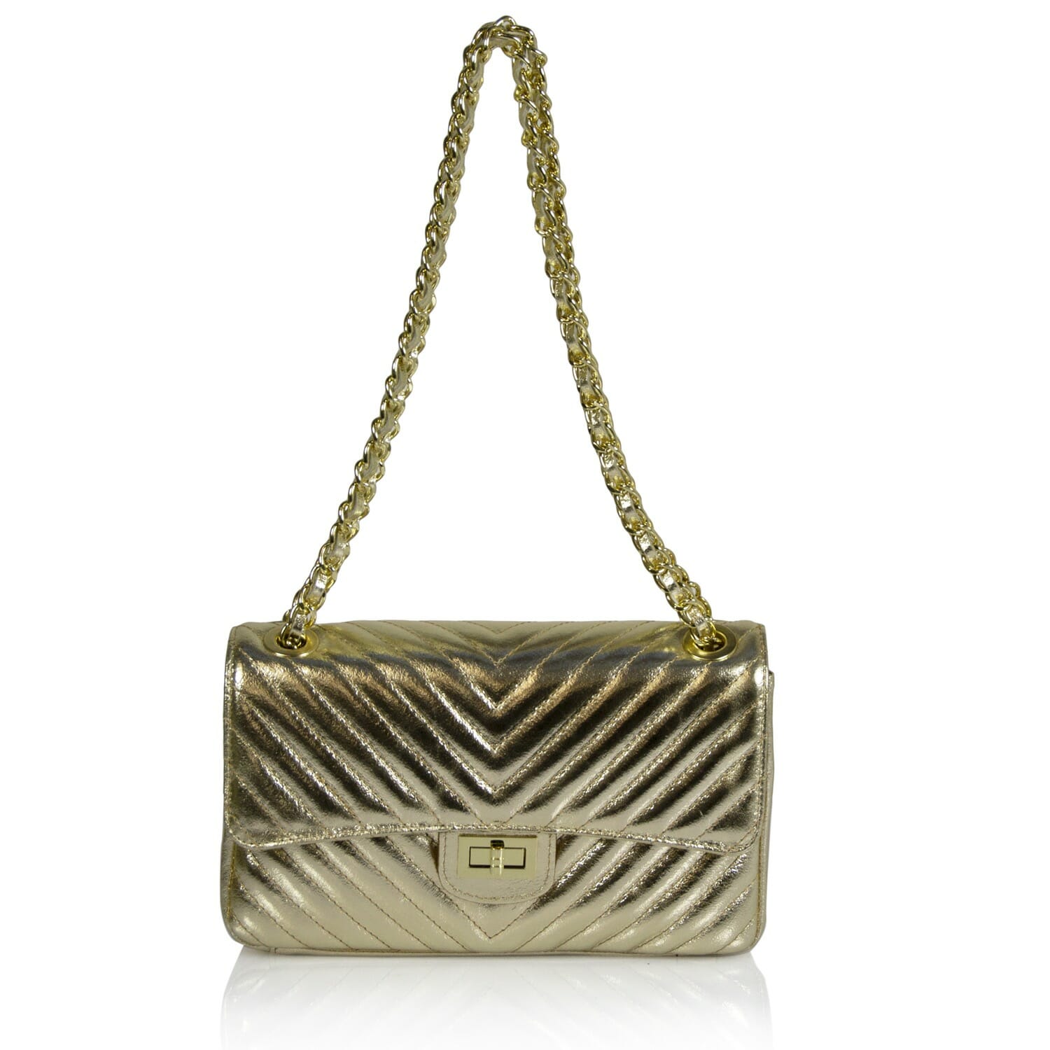 Americia Quilted Real Leather Shoulder Bag - GOLD METALLIC