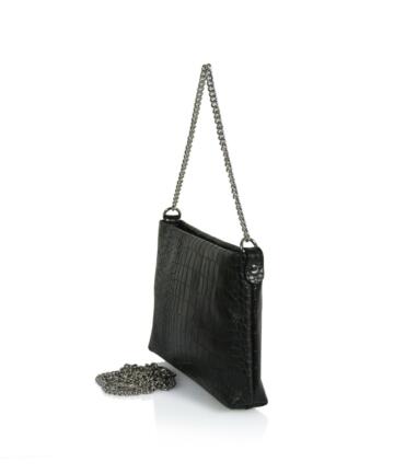 Silvia Crocodile Skin Embossed Leather Clutch Bag - BLACK