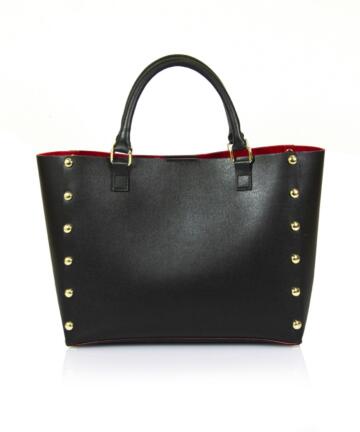 Verona-S Genuine Saffiano Leather Small Shopper Bag - BLACK / RED