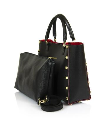 Verona-S Genuine Saffiano Leather Small Shopper Bag - BLACK / RED