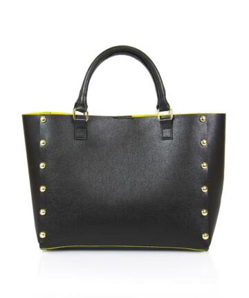 Verona-S Genuine Saffiano Leather Small Shopper Bag - BLACK / YELLOW