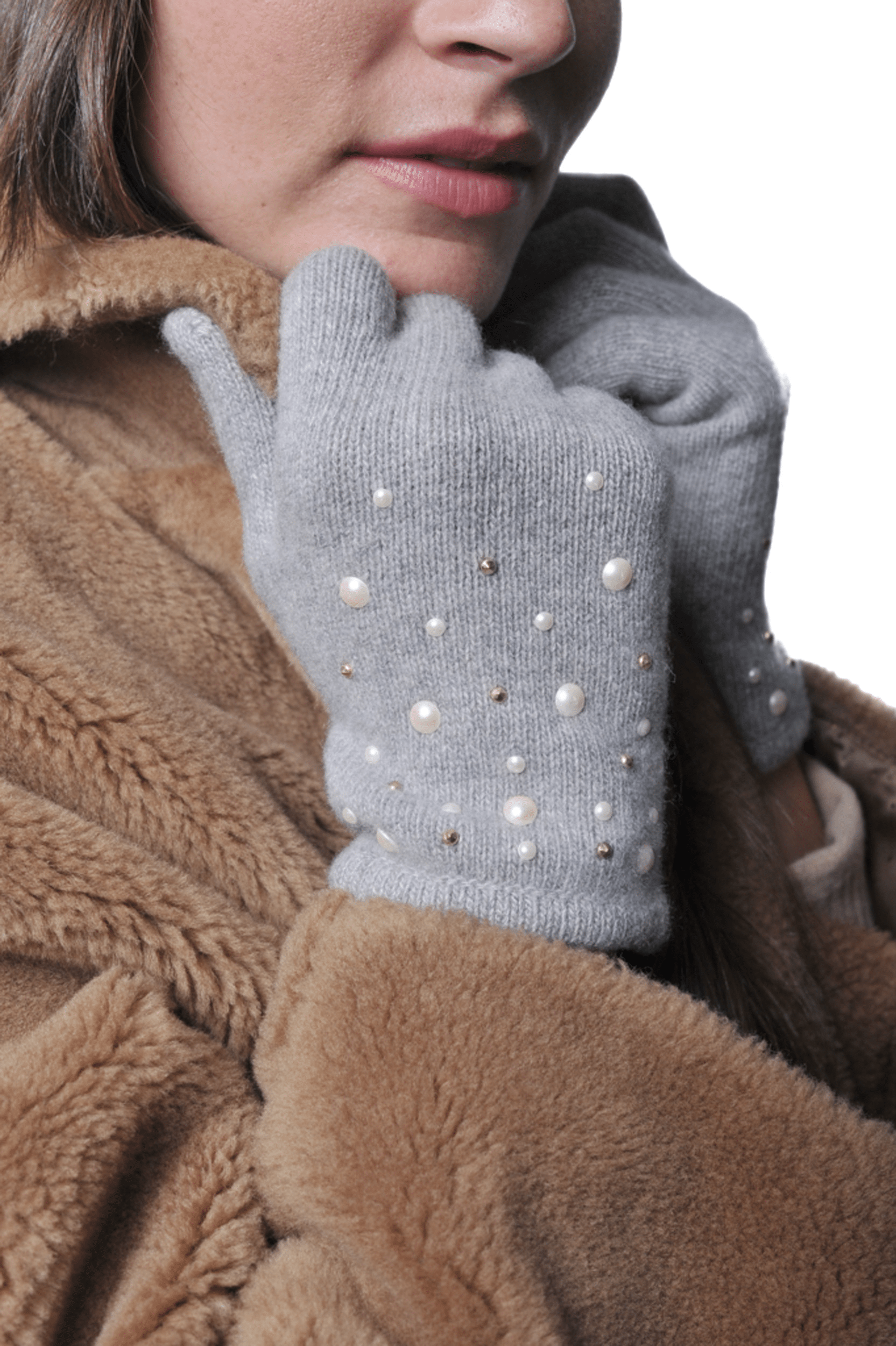 PORTOLANO Cashmere Gloves with Pearls and Studs - Light Grey