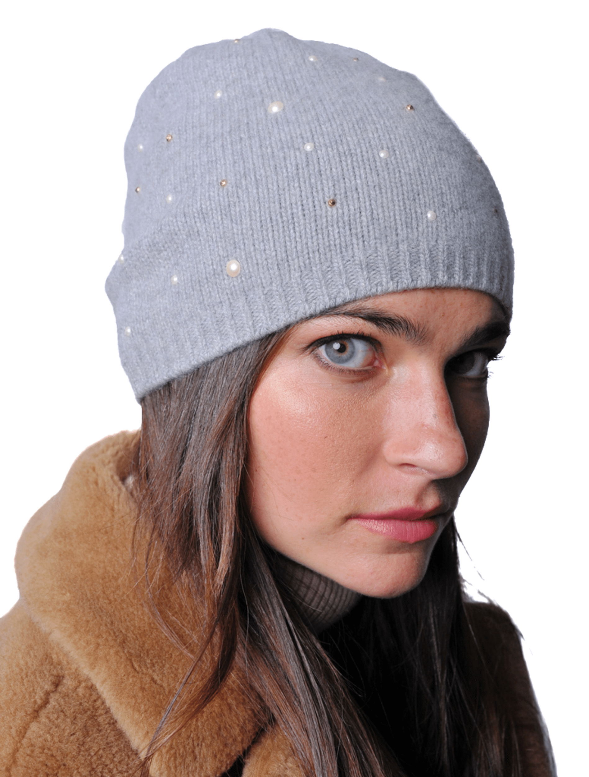 PORTOLANO Cashmere Hat with Pearls and Studs - Light Grey