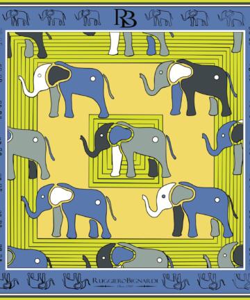 RUGGIERO BIGNARDI Twill Silk Scarf 100% Elephant Design Artistic - BLUE