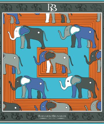 RUGGIERO BIGNARDI Twill Silk Scarf 100% Elephant Design Artistic - BROWN
