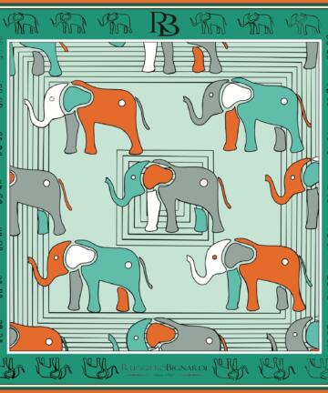 RUGGIERO BIGNARDI Twill Silk Scarf 100% Elephant Design Artistic - GREEN